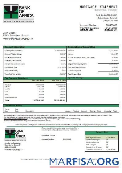 Downloadable Burundi Bank of Africa bank mortgage statement scr real example